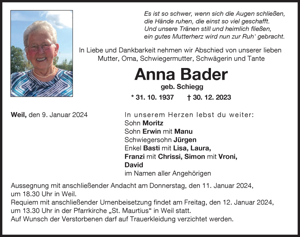 Traueranzeige von Anna Bader von Landsberger Tagblatt