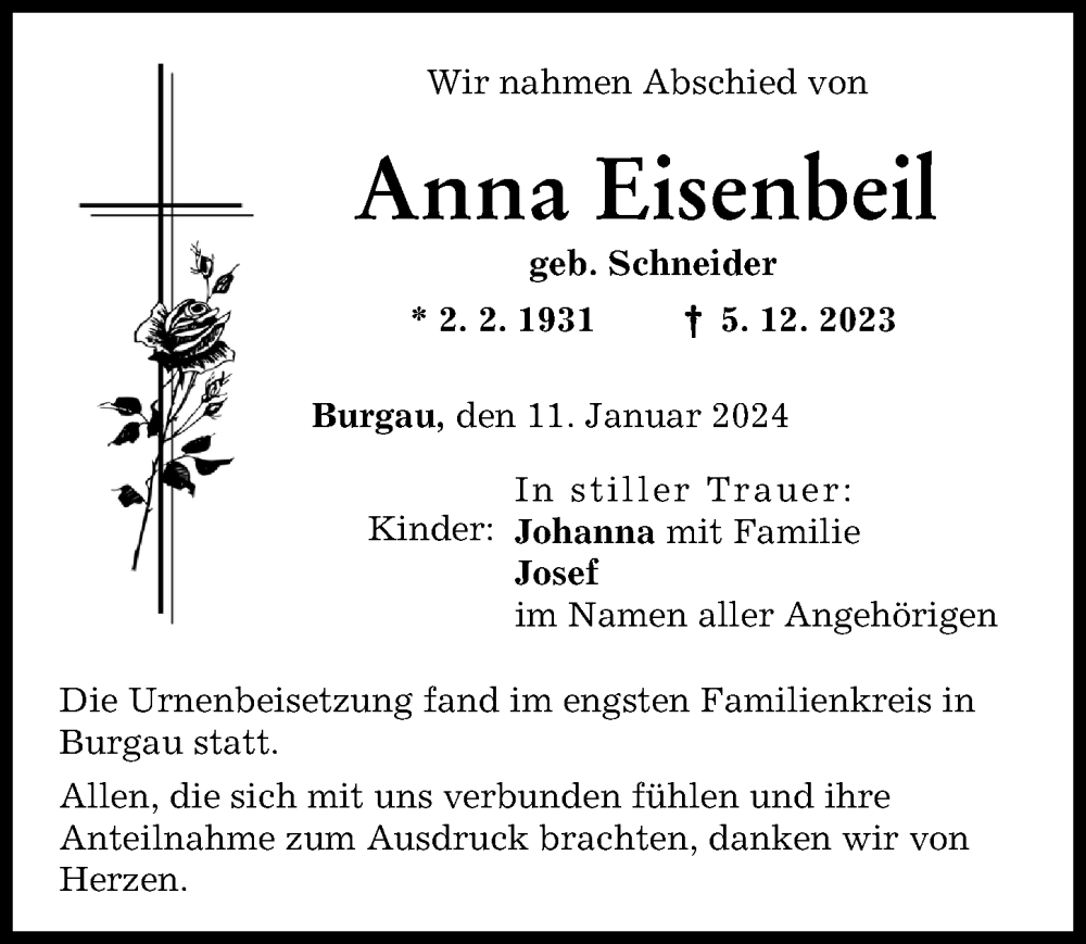 Traueranzeige von Anna Eisenbeil von Günzburger Zeitung