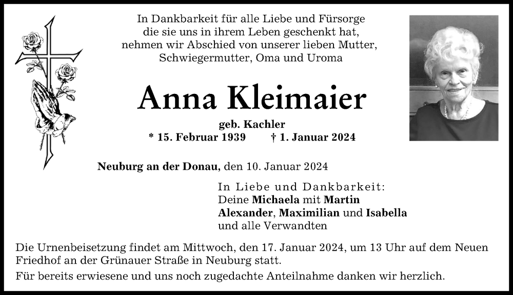 Traueranzeige von Anna Kleimaier von Neuburger Rundschau