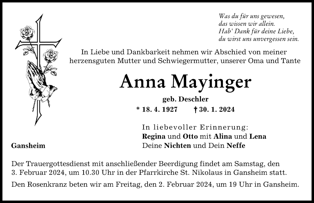 Traueranzeige von Anna Mayinger von Donauwörther Zeitung