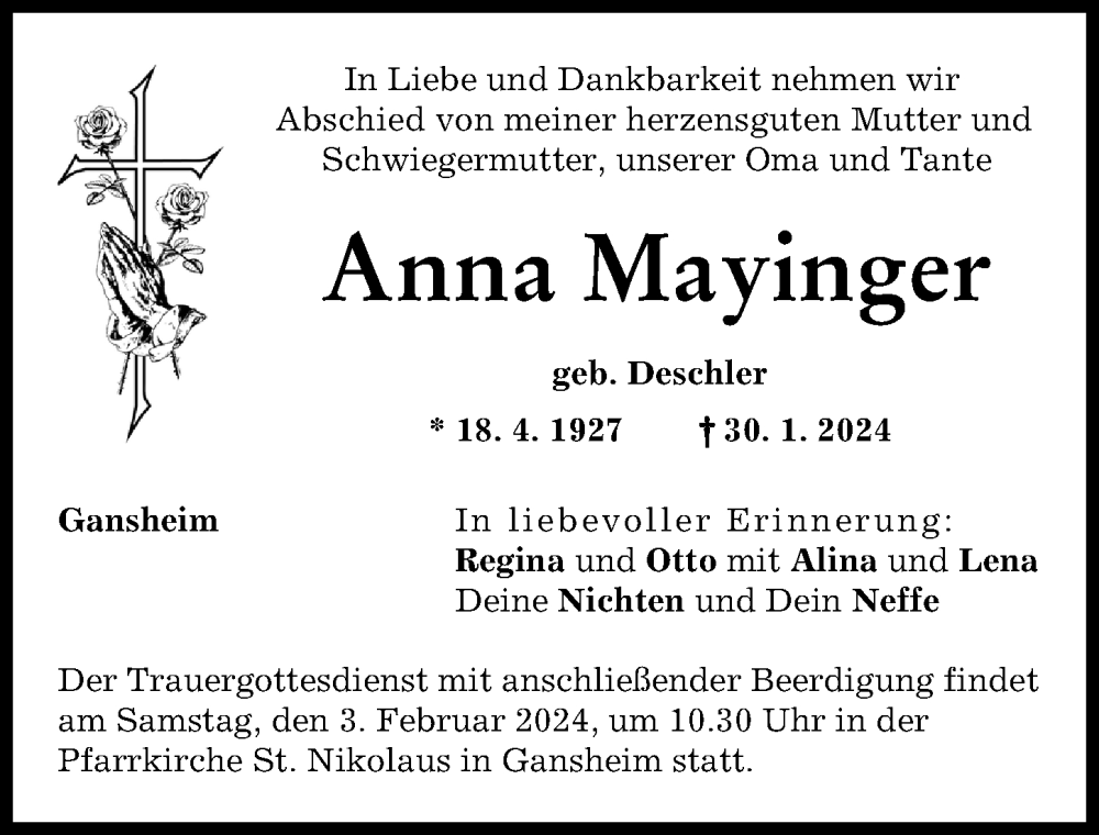 Traueranzeige von Anna Mayinger von Neuburger Rundschau