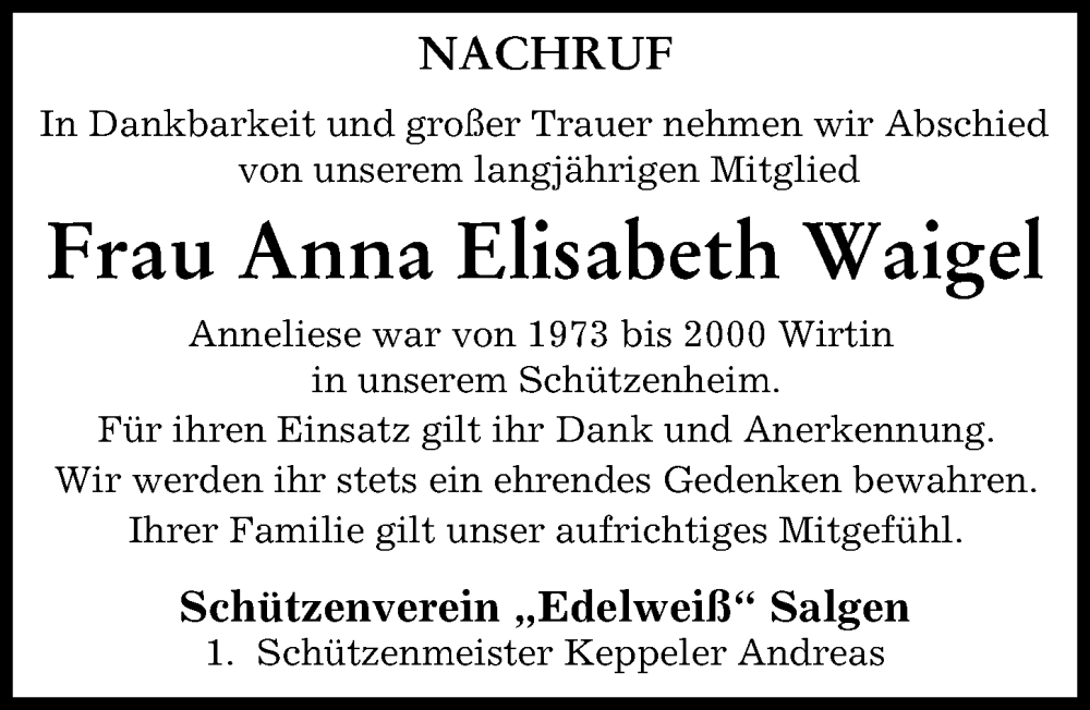 Traueranzeige von Anna Elisabeth Waigel von Mindelheimer Zeitung
