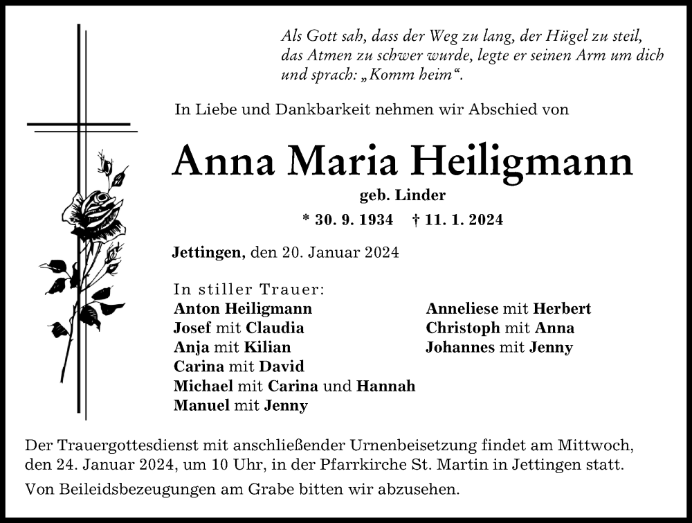 Traueranzeige von Anna Maria Heiligmann von Günzburger Zeitung