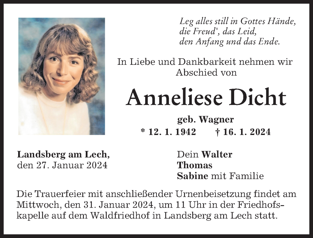 Traueranzeige von Anneliese Dicht von Landsberger Tagblatt