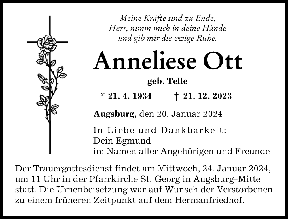 Traueranzeige von Anneliese Ott von Augsburger Allgemeine