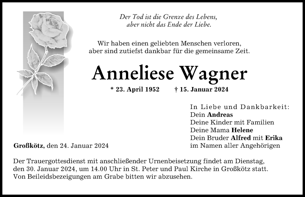 Traueranzeige von Anneliese Wagner von Günzburger Zeitung