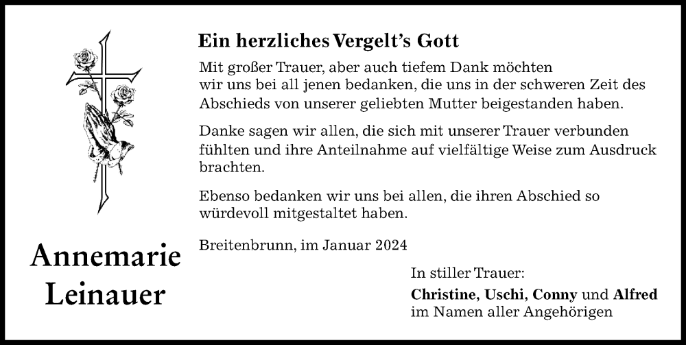 Traueranzeige von Annemarie Leinauer von Mindelheimer Zeitung