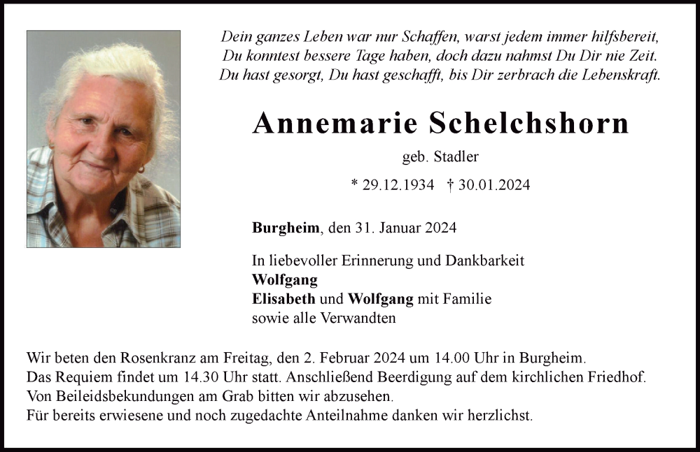 Traueranzeige von Annemarie Schelchshorn von Neuburger Rundschau