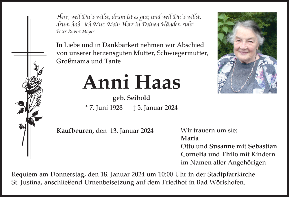 Traueranzeige von Anni Haas von Augsburger Allgemeine, Mindelheimer Zeitung