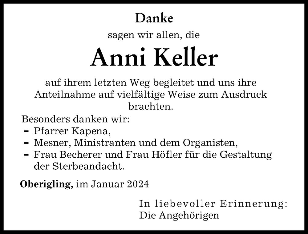 Traueranzeige von Anni Keller von Landsberger Tagblatt