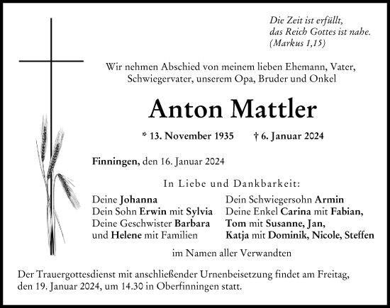 Traueranzeigen Von Anton Mattler | Augsburger Allgemeine Zeitung