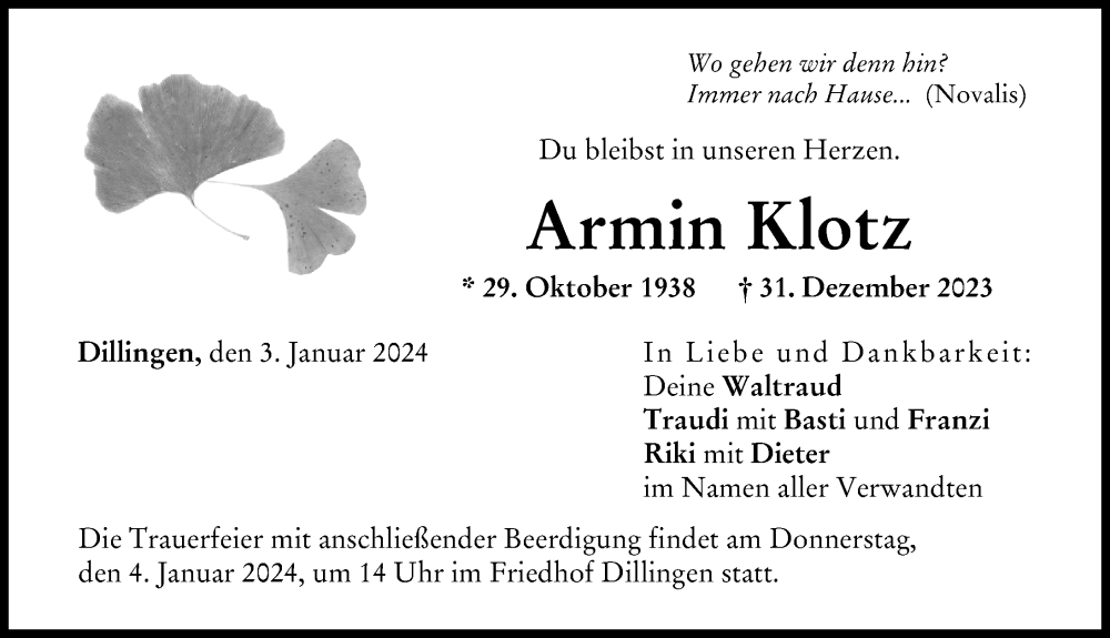 Traueranzeige von Armin Klotz von Donau Zeitung