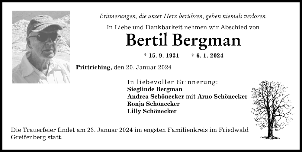 Traueranzeige von Bertil Bergman von Landsberger Tagblatt