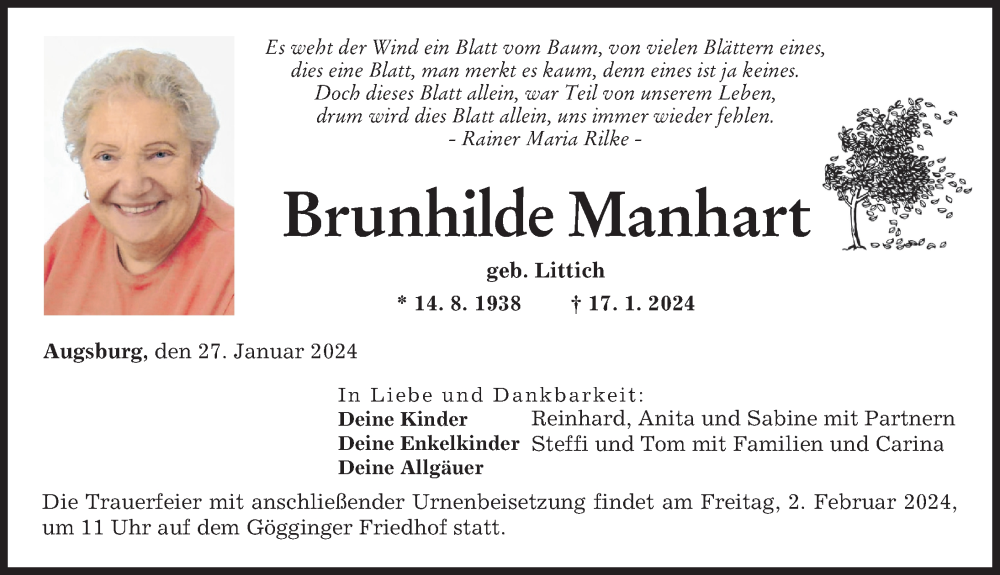 Traueranzeige von Brunhilde Manhart von Augsburger Allgemeine