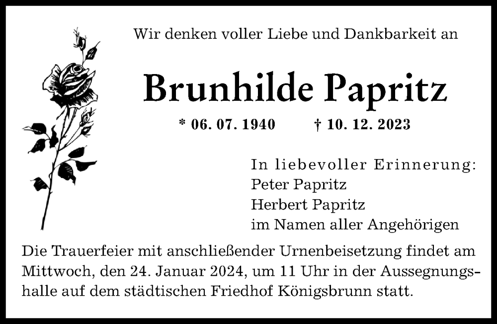 Traueranzeige von Brunhilde Papritz von Augsburger Allgemeine