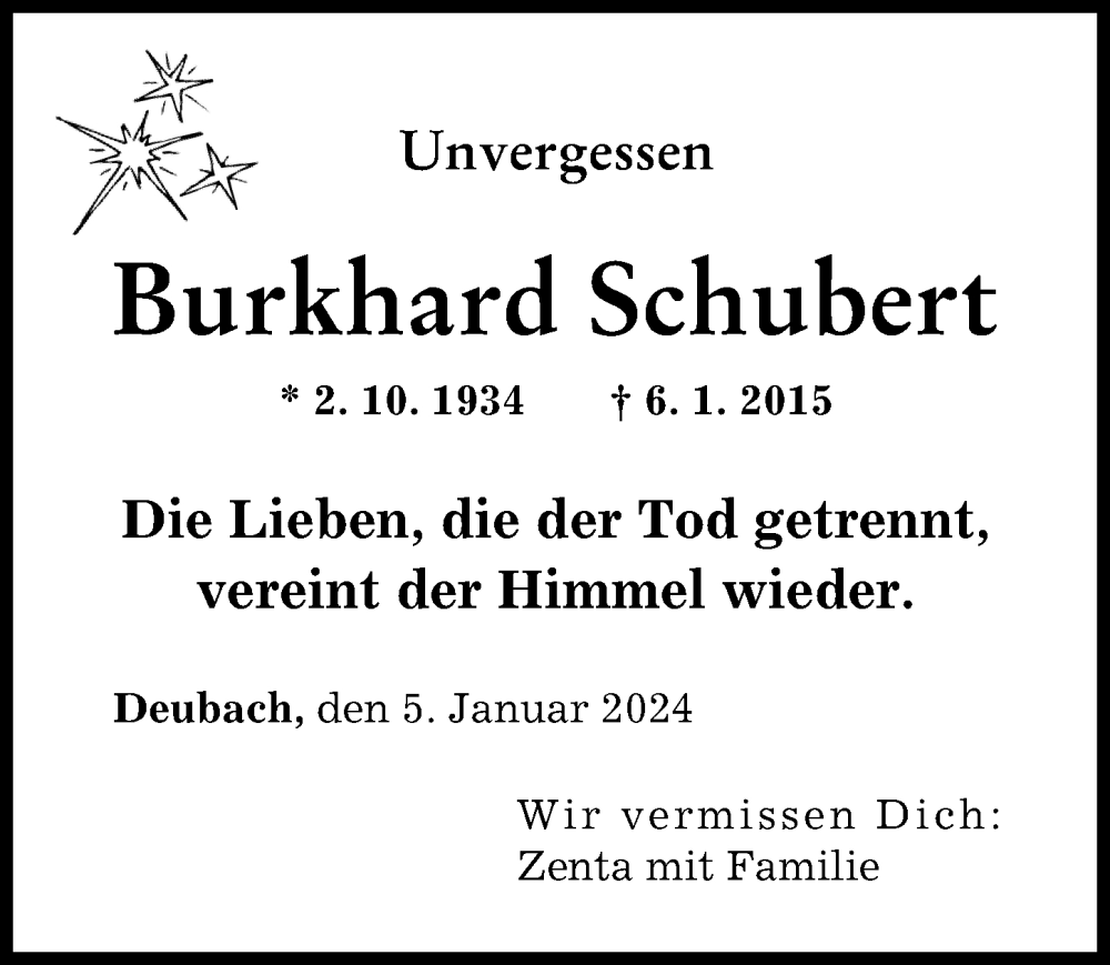 Traueranzeige von Burkhard Schubert von Augsburger Allgemeine