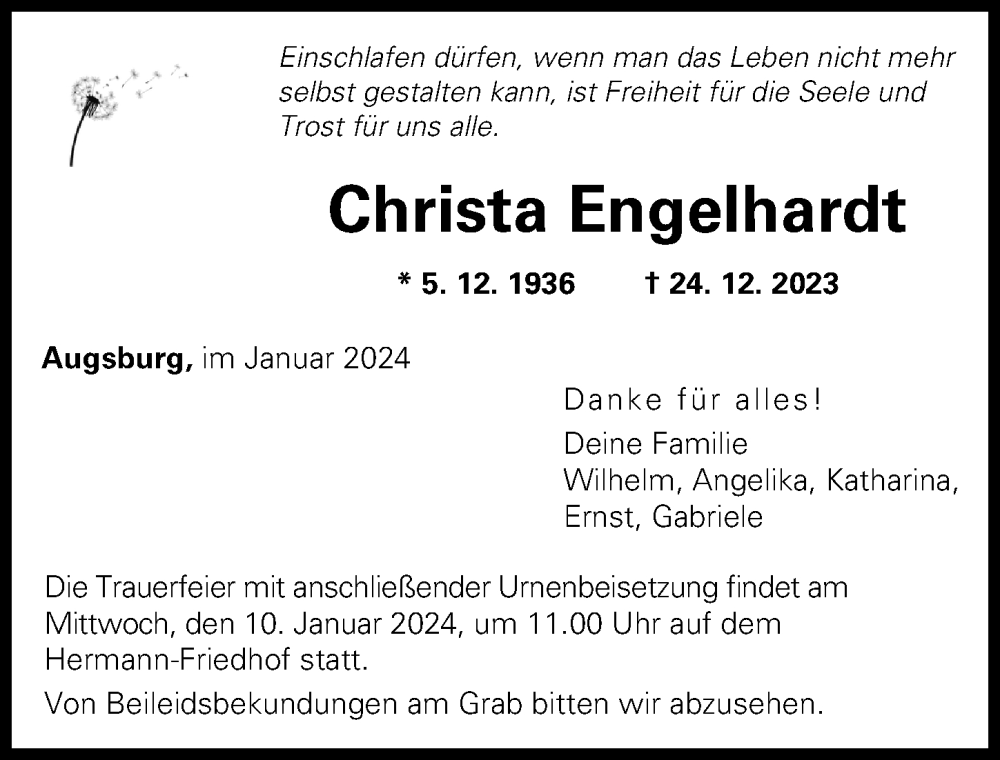 Traueranzeige von Christa Engelhardt von Augsburger Allgemeine