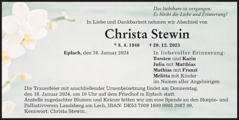 Traueranzeige von Christa Stewin von Landsberger Tagblatt