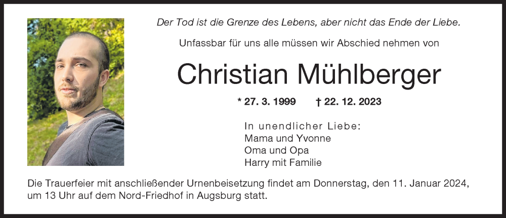 Traueranzeige von Christian Mühlberger von Augsburger Allgemeine