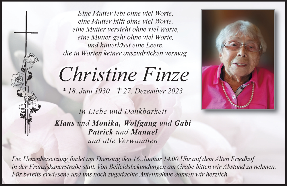 Traueranzeige von Christine Finze von Neuburger Rundschau