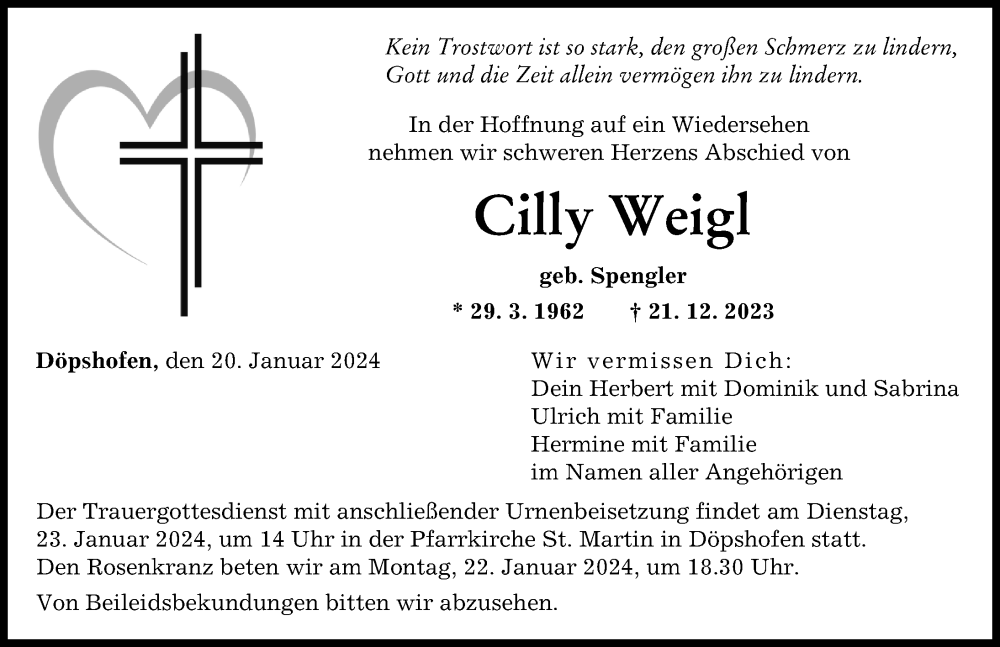 Traueranzeige von Cilly Weigl von Augsburger Allgemeine