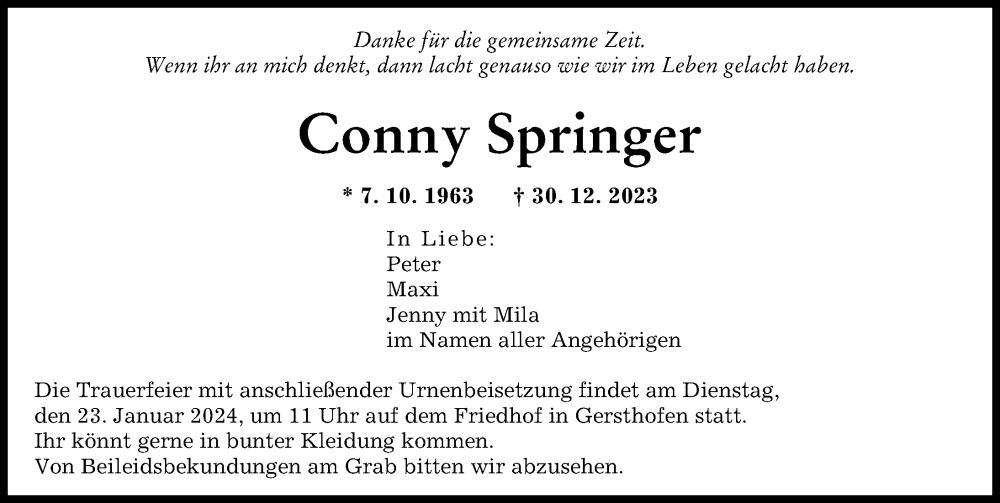  Traueranzeige für Conny Springer vom 20.01.2024 aus Augsburger Allgemeine