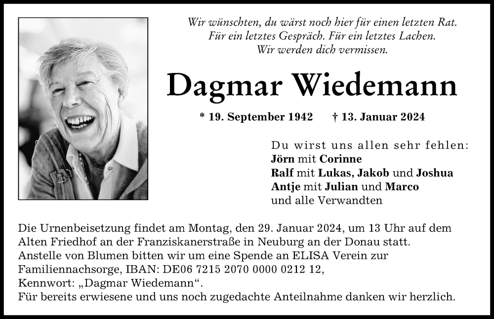 Traueranzeige von Dagmar Wiedemann von Neuburger Rundschau