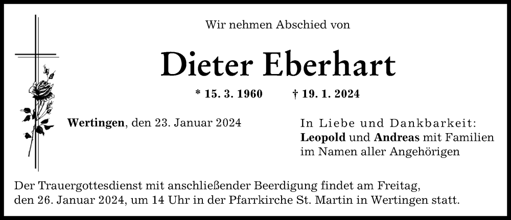 Traueranzeige von Dieter Eberhart von Wertinger Zeitung