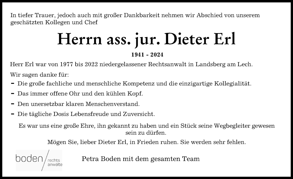 Traueranzeige von Dieter Erl von Landsberger Tagblatt