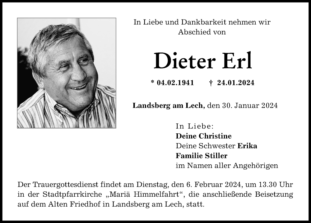  Traueranzeige für Dieter Erl vom 30.01.2024 aus Landsberger Tagblatt