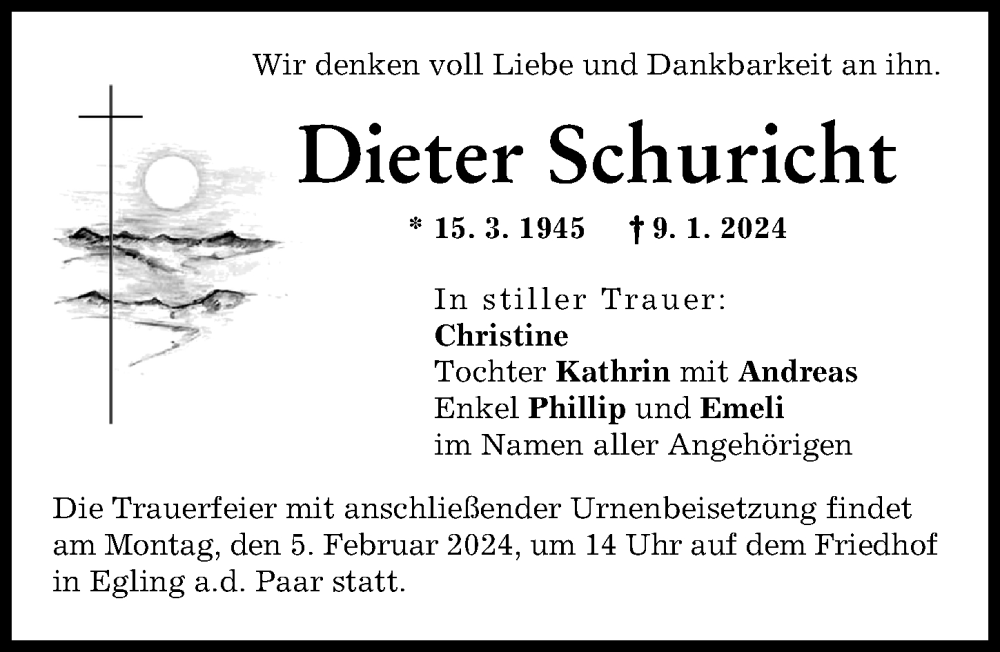 Traueranzeige von Dieter Schuricht von Landsberger Tagblatt