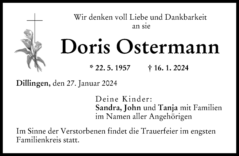 Traueranzeige von Doris Ostermann von Donau Zeitung