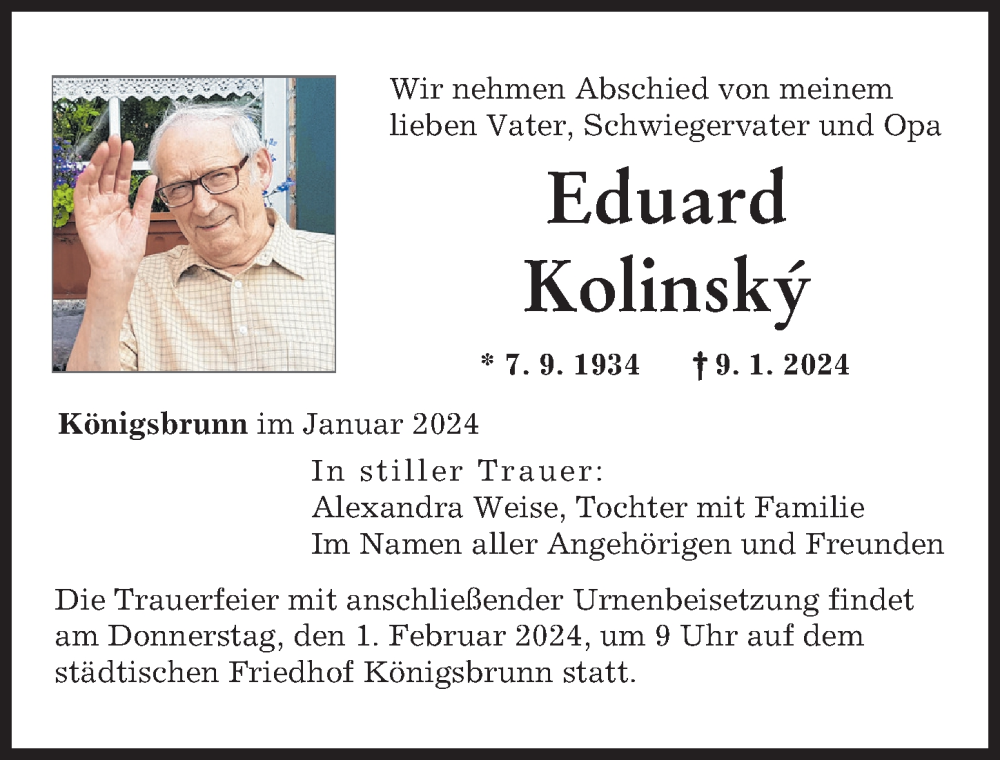 Traueranzeige von Eduard Kolinsky von Augsburger Allgemeine