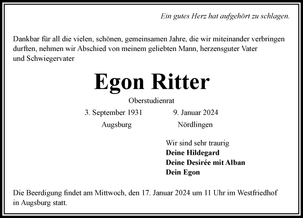  Traueranzeige für Egon Ritter vom 16.01.2024 aus Rieser Nachrichten