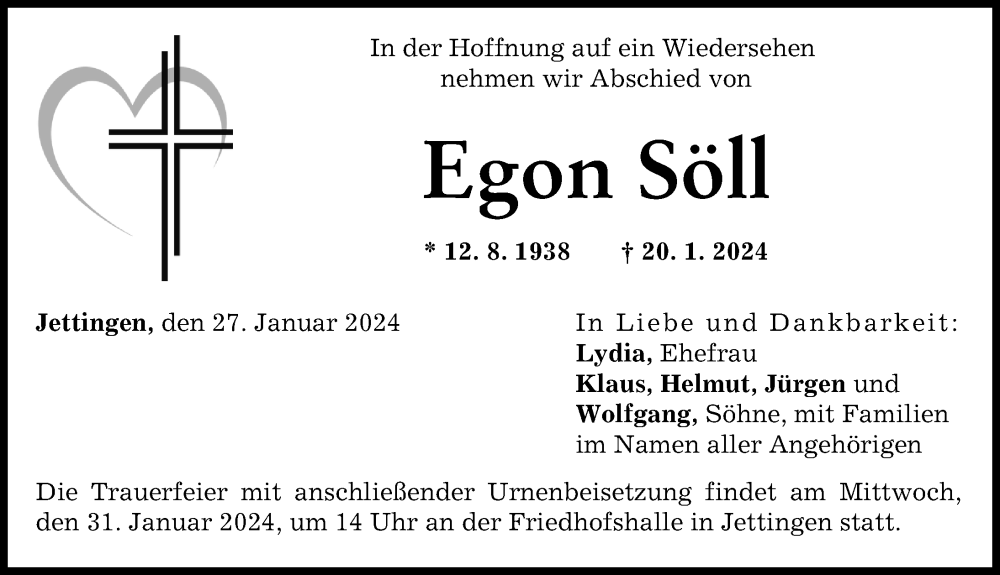 Traueranzeige von Egon Söll von Günzburger Zeitung