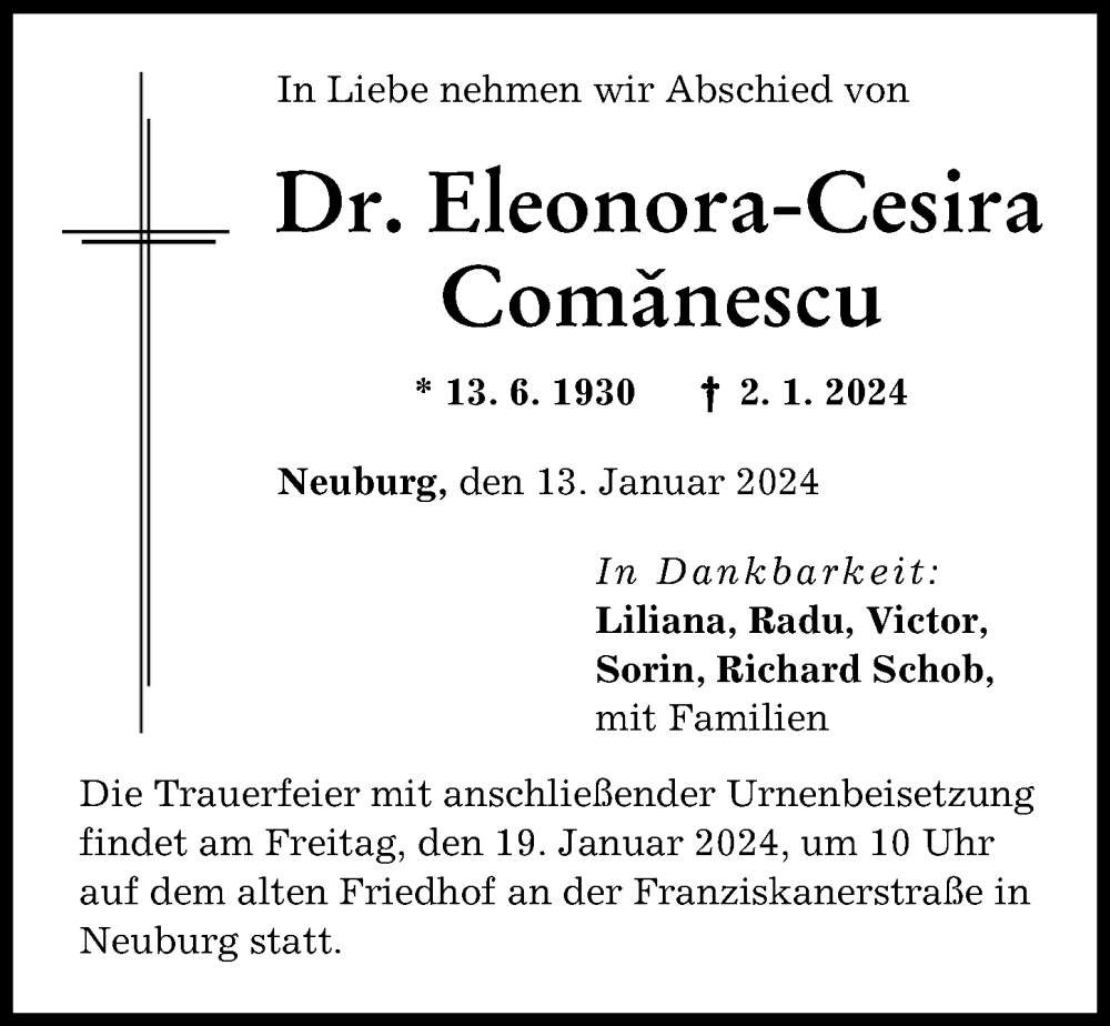 Traueranzeige von Eleonora-Cesira Comanescu von Neuburger Rundschau