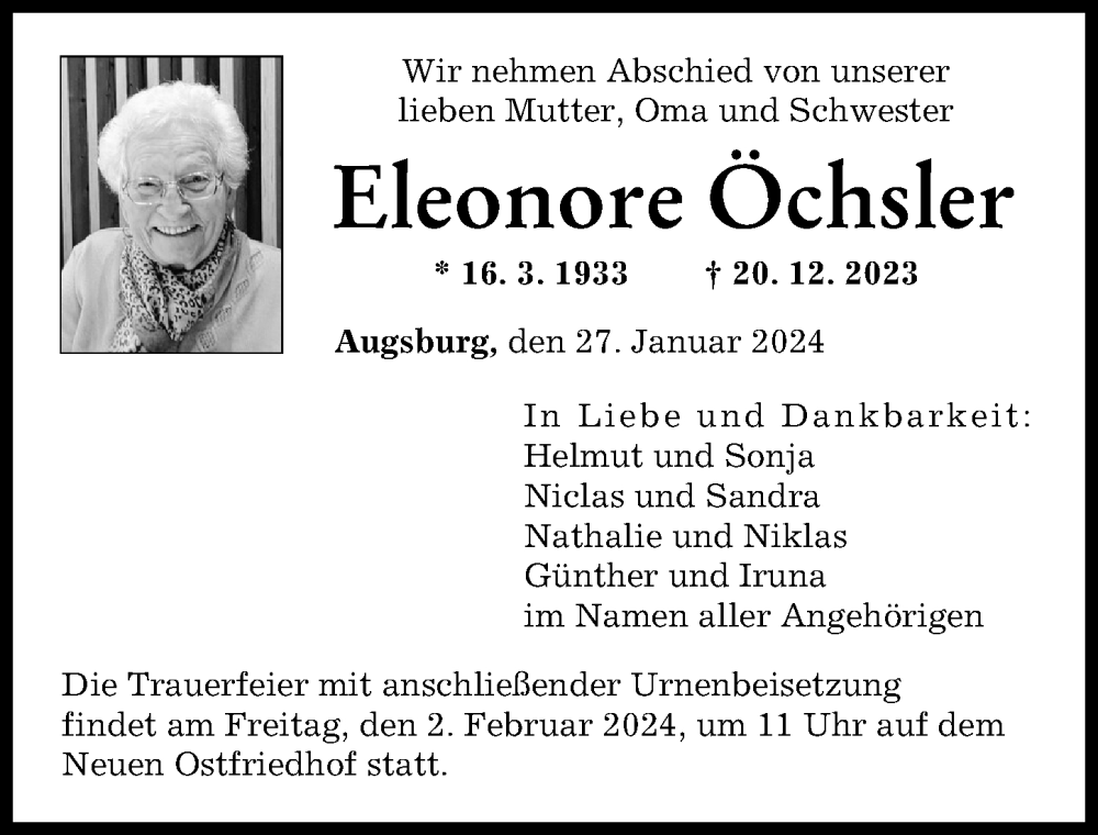 Traueranzeige von Eleonore Öchsler von Augsburger Allgemeine