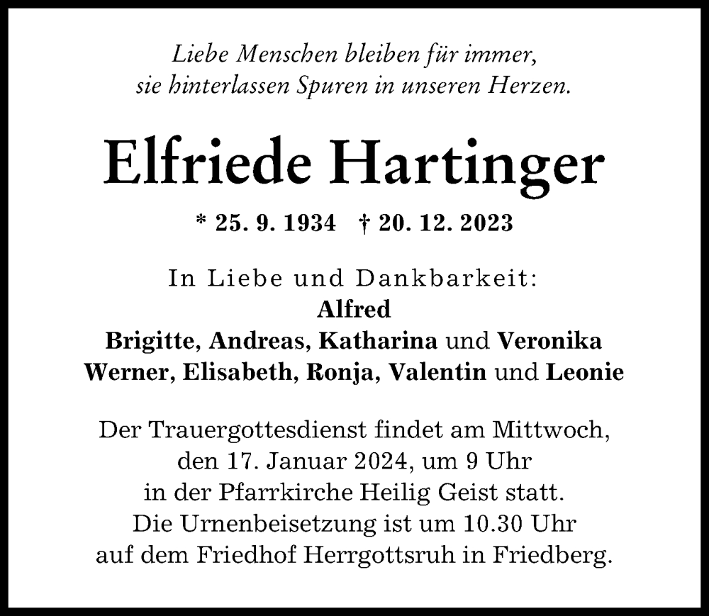 Traueranzeige von Elfriede Hartinger von Friedberger Allgemeine, Augsburger Allgemeine