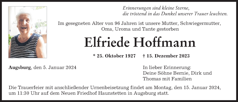 Traueranzeige von Elfriede Hoffmann von Augsburger Allgemeine