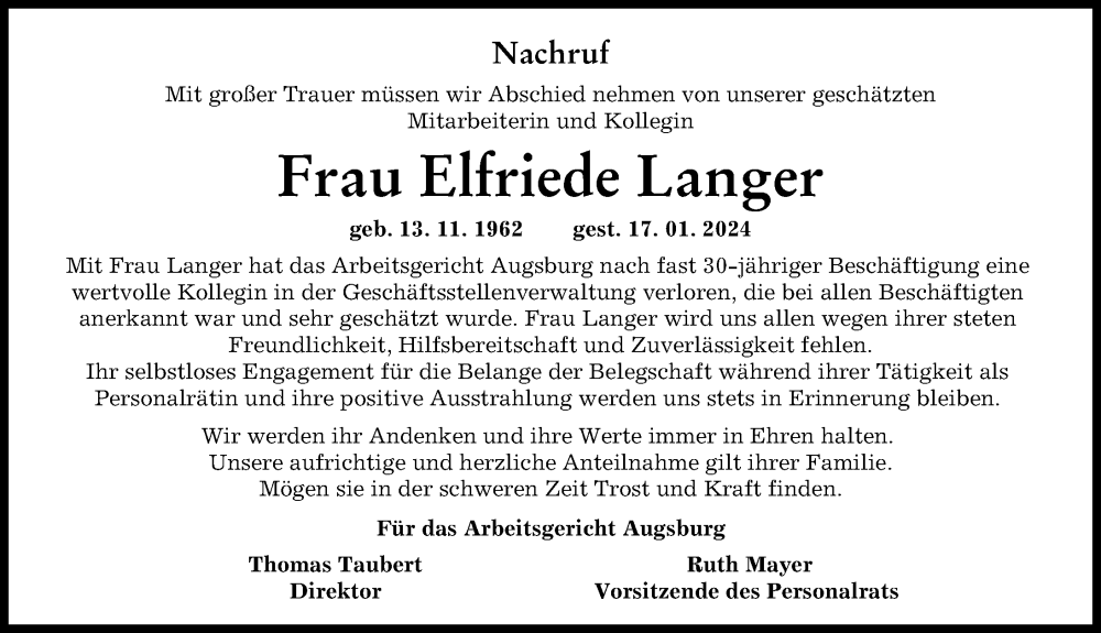  Traueranzeige für Elfriede Langer vom 25.01.2024 aus Augsburg-Land
