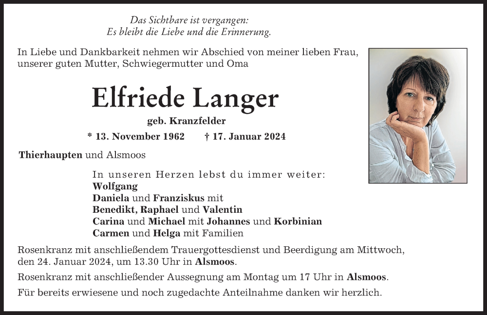  Traueranzeige für Elfriede Langer vom 20.01.2024 aus Augsburg-Land