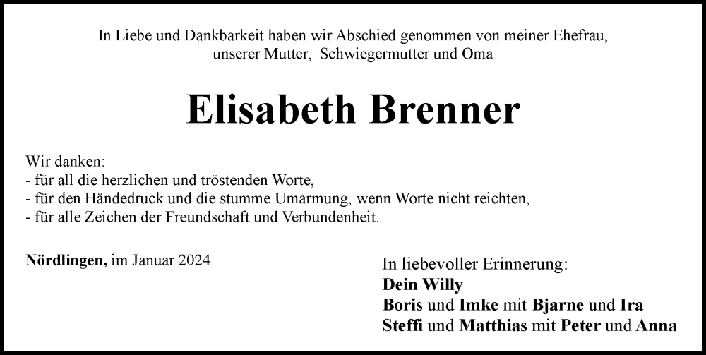  Traueranzeige für Elisabeth Brenner vom 04.01.2024 aus Rieser Nachrichten