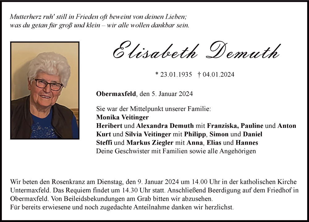 Traueranzeige von Elisabeth Demuth von Neuburger Rundschau