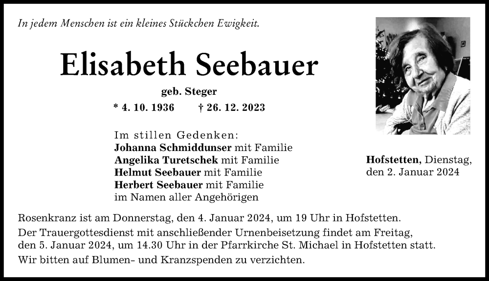 Traueranzeige von Elisabeth Seebauer von Landsberger Tagblatt