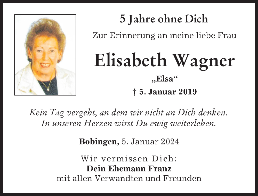 Traueranzeige von Elisabeth Wagner von Schwabmünchner Allgemeine