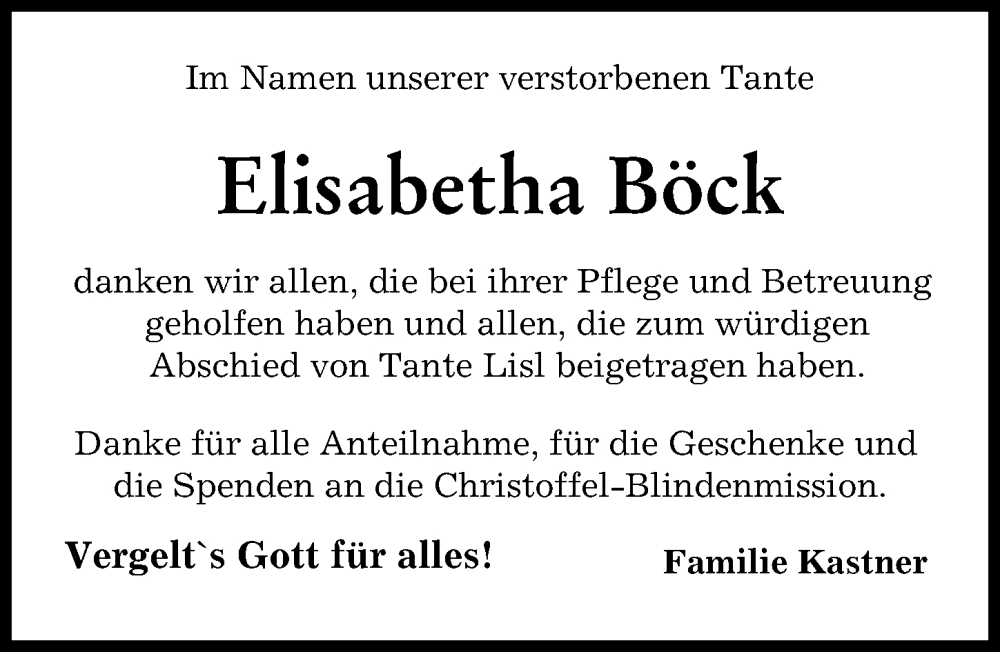 Traueranzeige von Elisabetha Böck von Augsburger Allgemeine