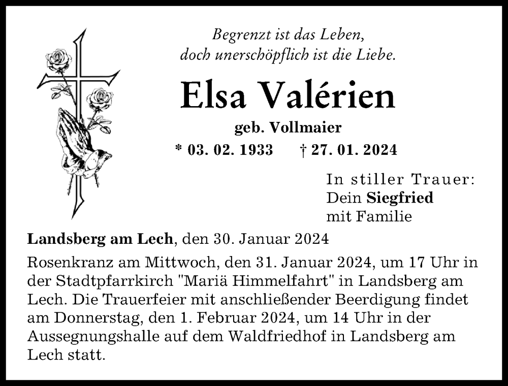 Traueranzeige von Elsa Valérien von Landsberger Tagblatt