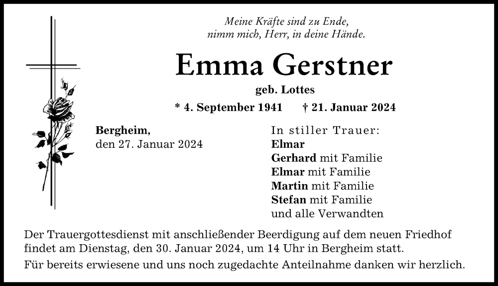 Traueranzeige von Emma Gerstner von Neuburger Rundschau