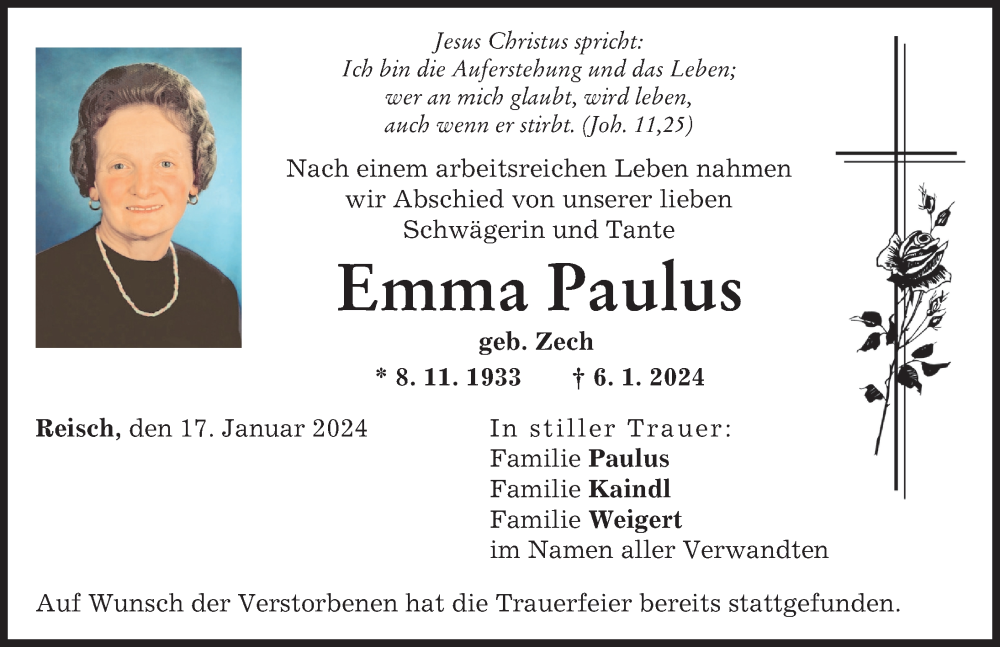 Traueranzeige von Emma Paulus von Landsberger Tagblatt