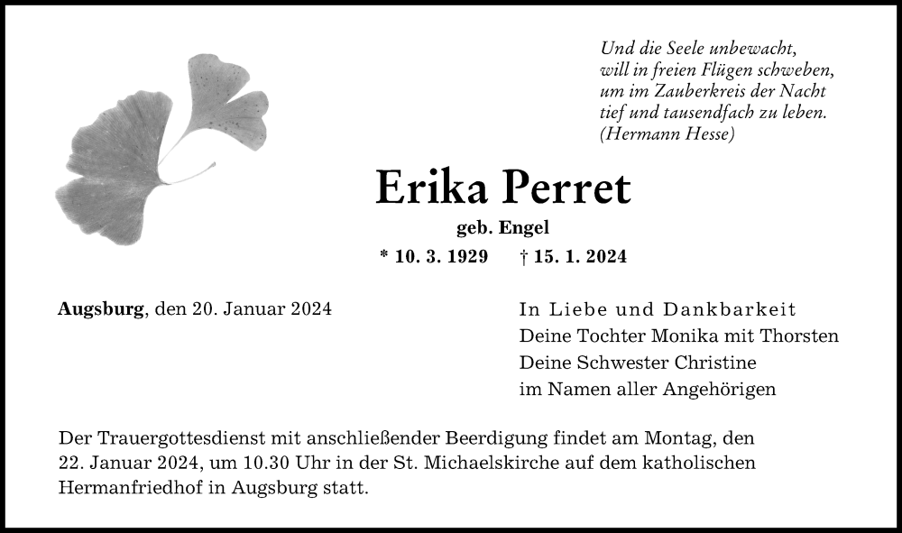 Traueranzeige von Erika Perret von Augsburger Allgemeine